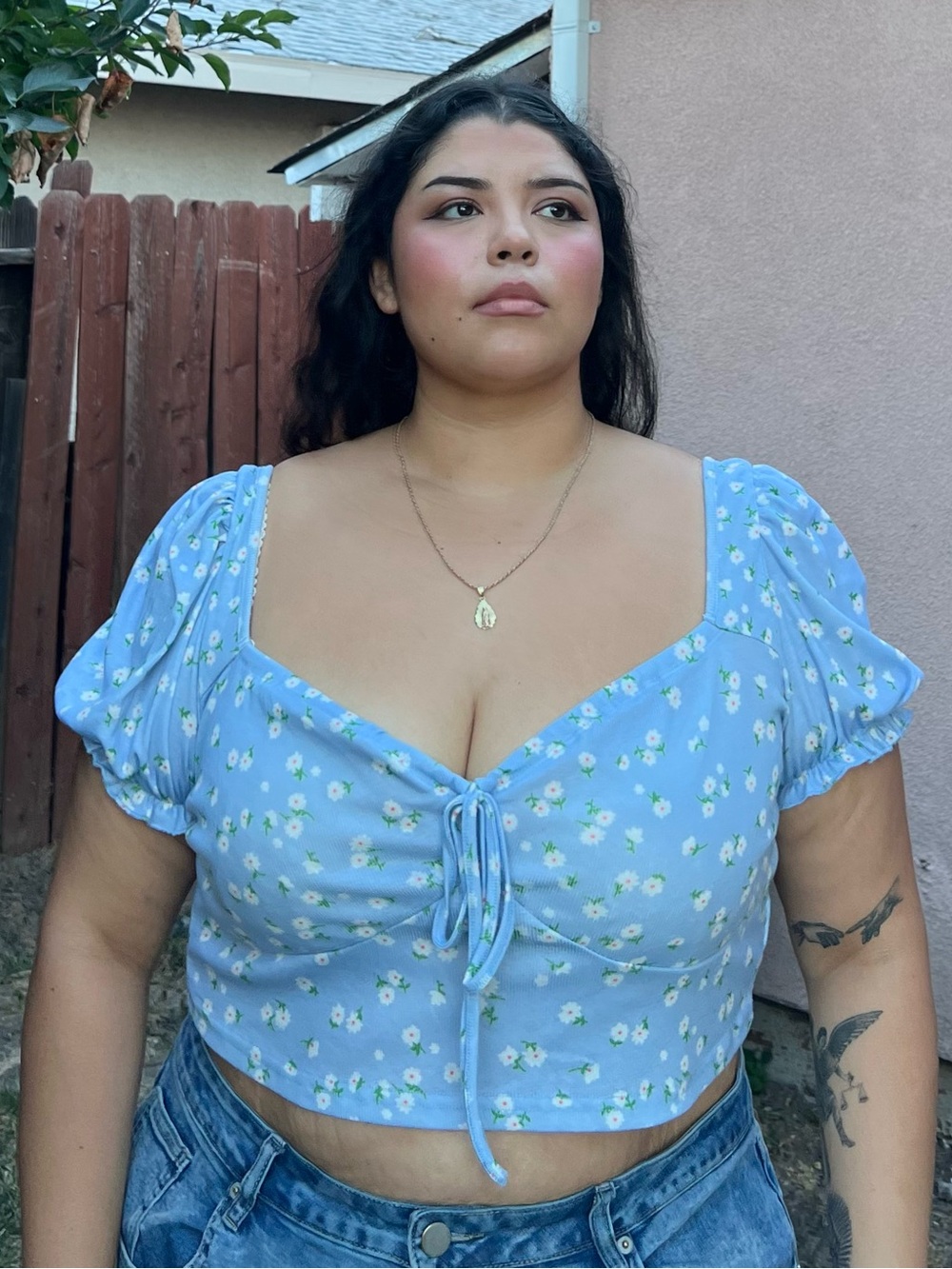 Light Blue Floral Tie-Front Puff Sleeve Crop Top